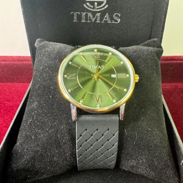 TIMAS Luxury Men's Watch with Green Dial & Black Silicone Strap